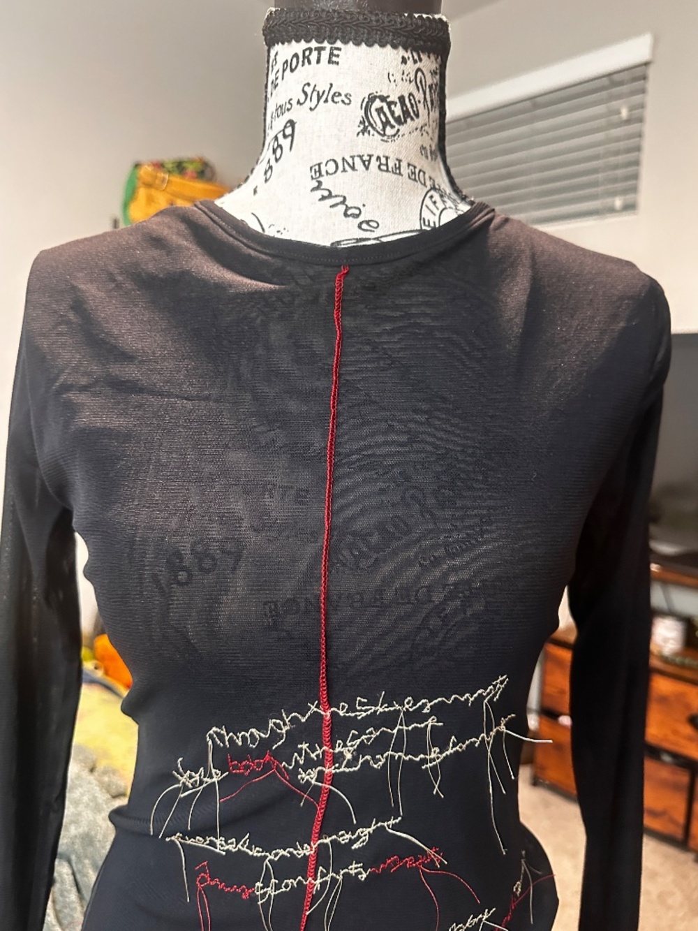 Black double layer mesh euro long sleeve top with red trim and intentional threa - Picture 3 of 9